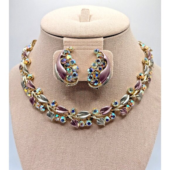 RARE Vtg Signed BSK Necklace Earring Set Metallic Enamel Leaves & AB Rhinestones - Picture 1 of 7
